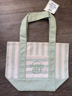 Trader Joe's Mint Green & Cream Striped Canvas Tote